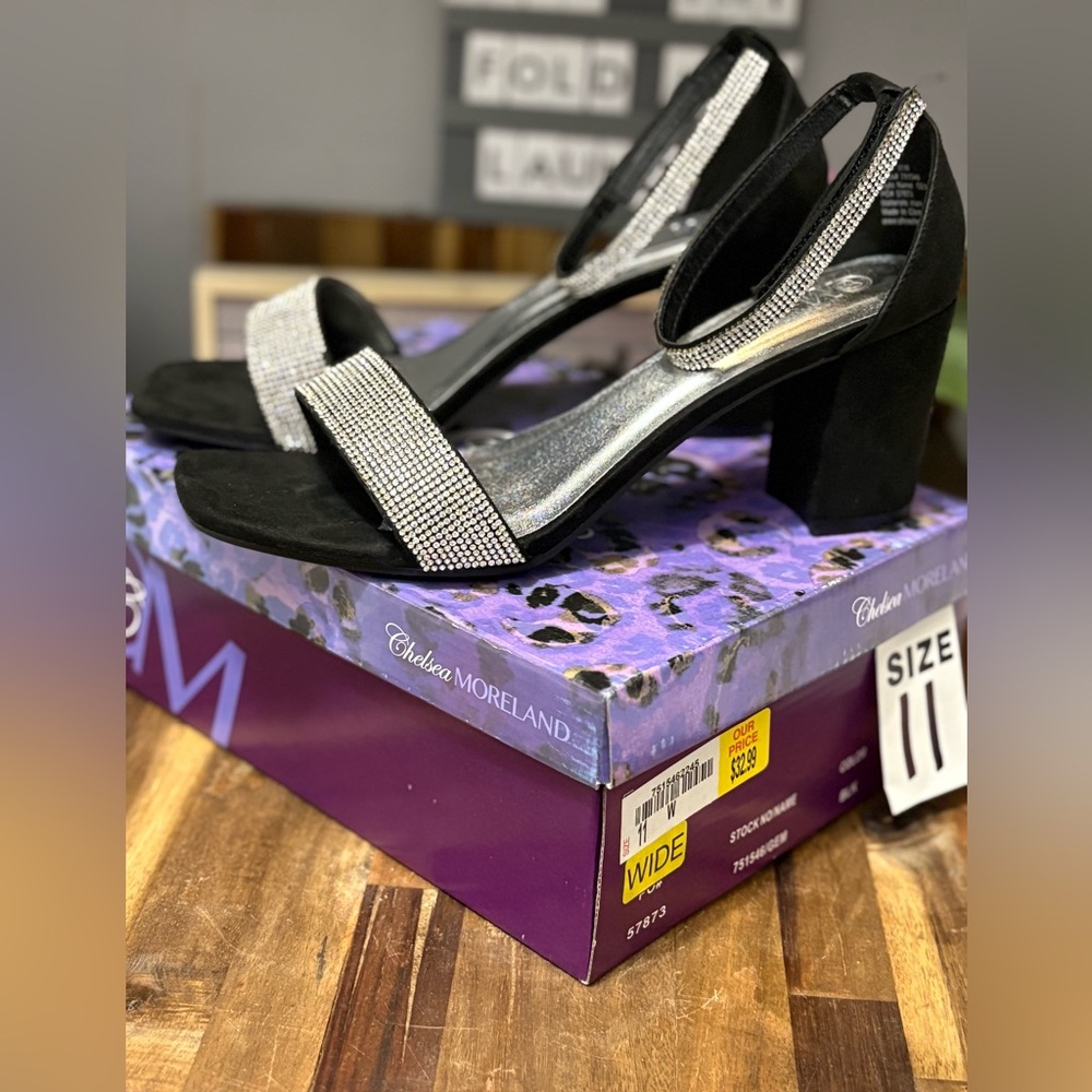 Chelsea Moreland Black and Silver Block Heels